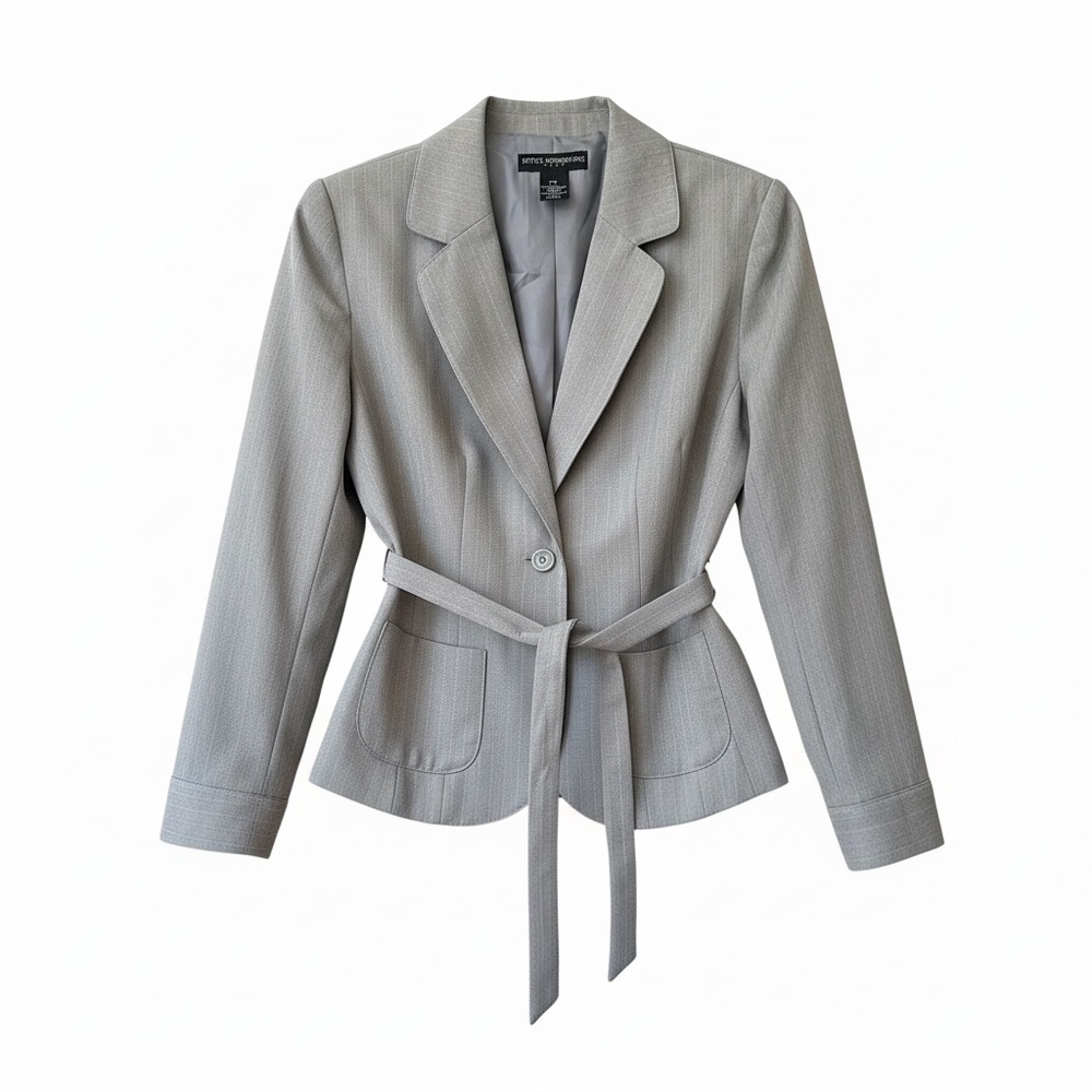 Petite Sophisticate Gray Women's Blazer with Tie Belt